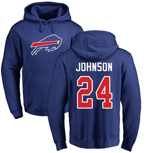Men NFL Buffalo Bills 24 Taron Johnson Royal Blue Name and Number Logo Pullover Hoodie Sweatshirt